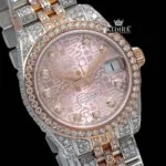 Two Tone Diamond Link Strap Pink Dial Iced Out Moissanite Watch Close Up Dial View