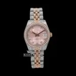 Roles Two Tone Moissanite Watch with Pink Dial and Diamond Bezel