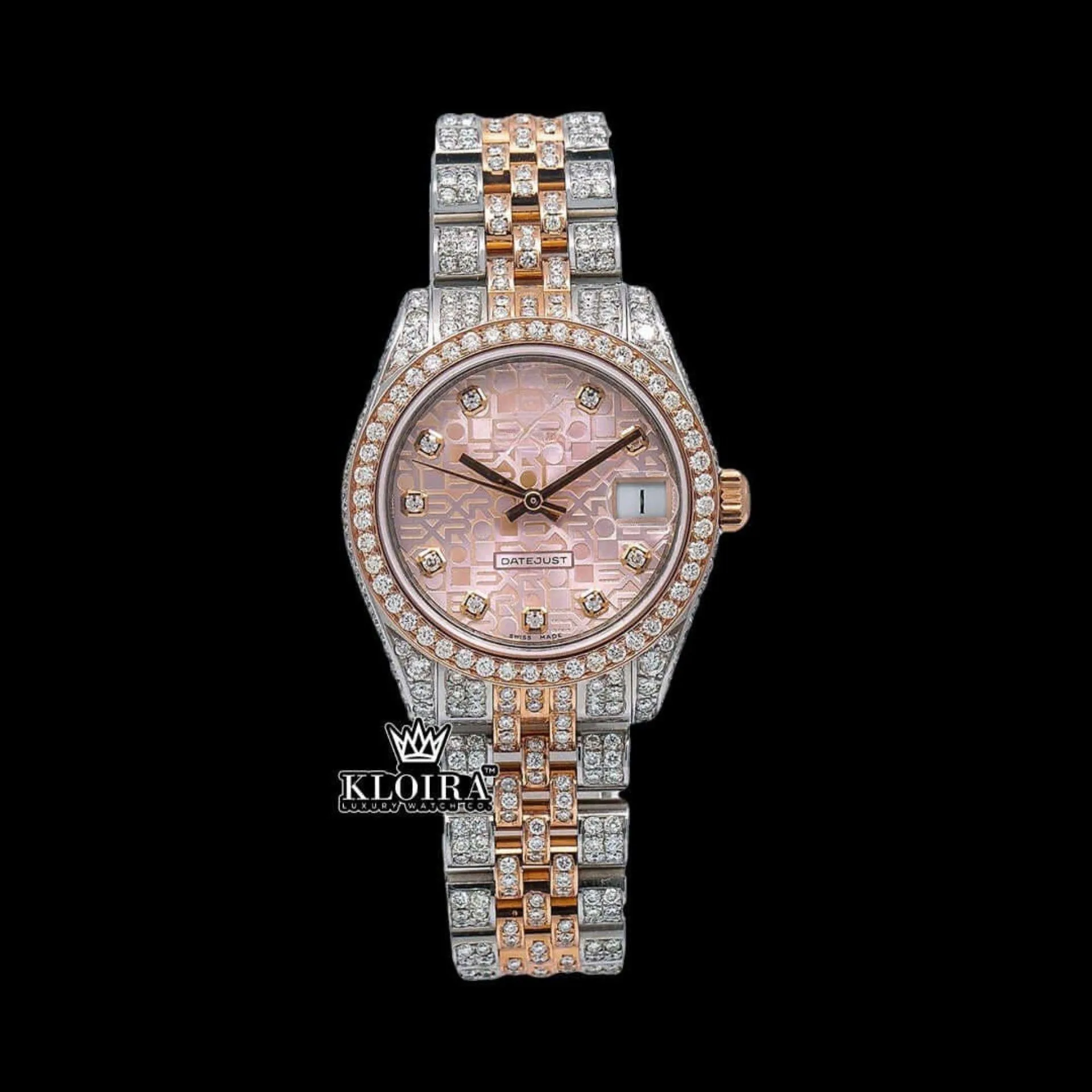 Roles Two Tone Moissanite Watch with Pink Dial and Diamond Bezel, showcasing its luxurious design