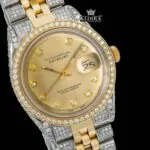 Two Tone Diamond Marker Yellow Gold Dial Moissanite Diamond Watch Close Up Dial View