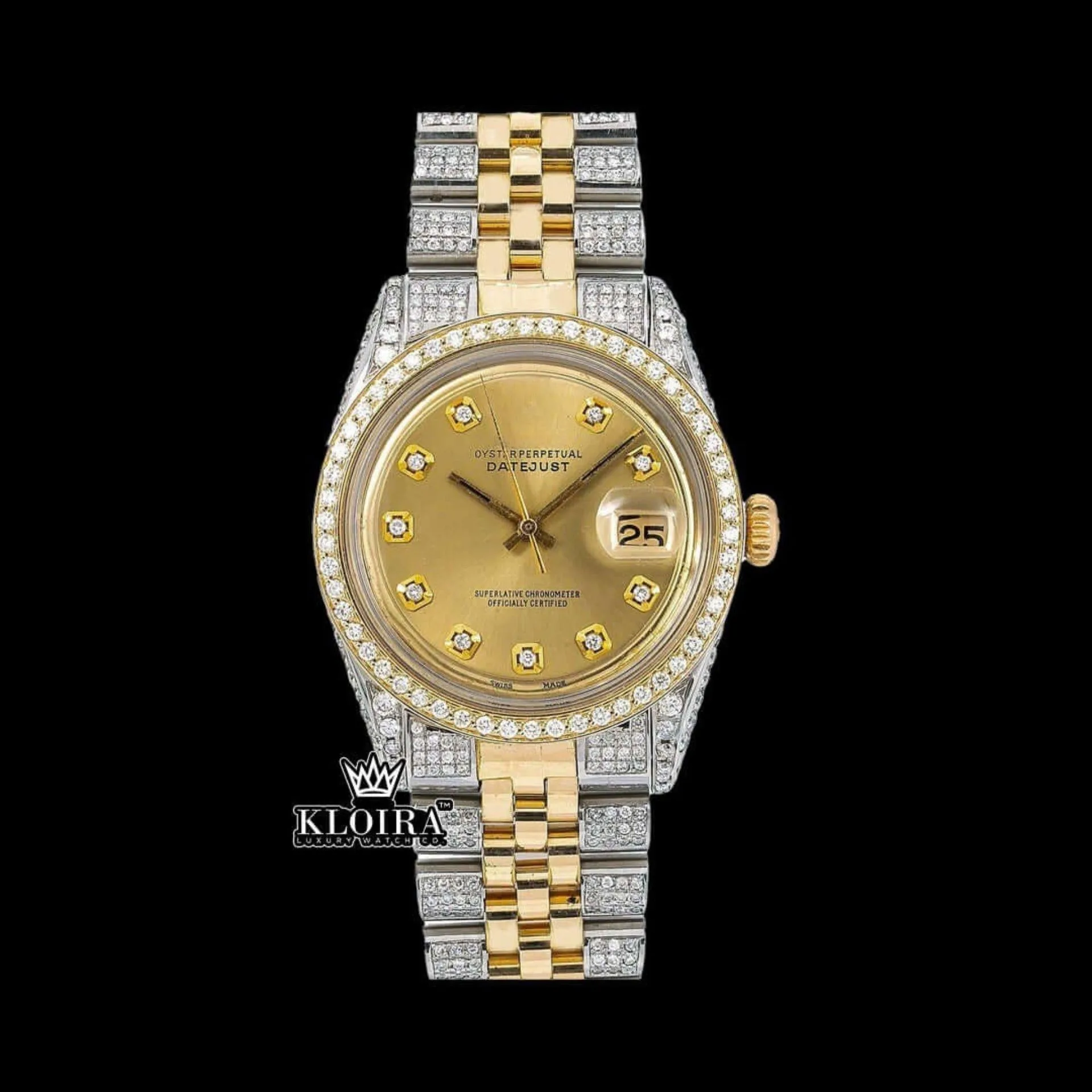 Roles Two Tone Moissanite Diamond Watch with Yellow Gold Dial and Diamond Markers