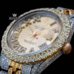 Two Tone Diamond Studded Roman Numerals Moissanite Diamond Watch Close Up Front View