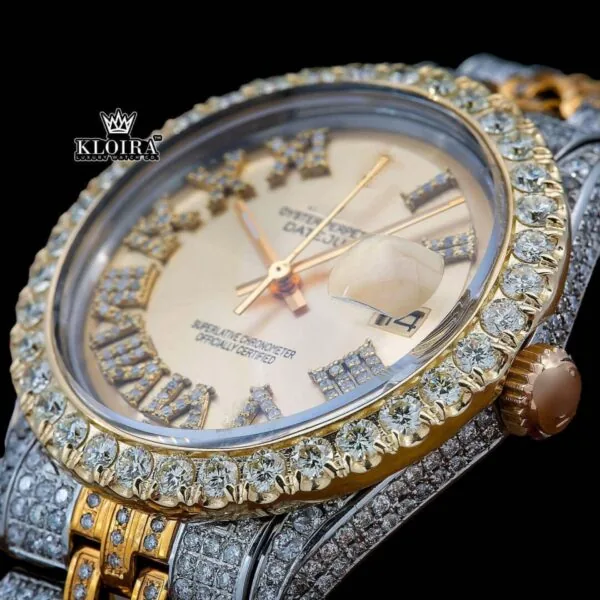 Two Tone Diamond Studded Roman Numerals Moissanite Diamond Watch Close Up Front View