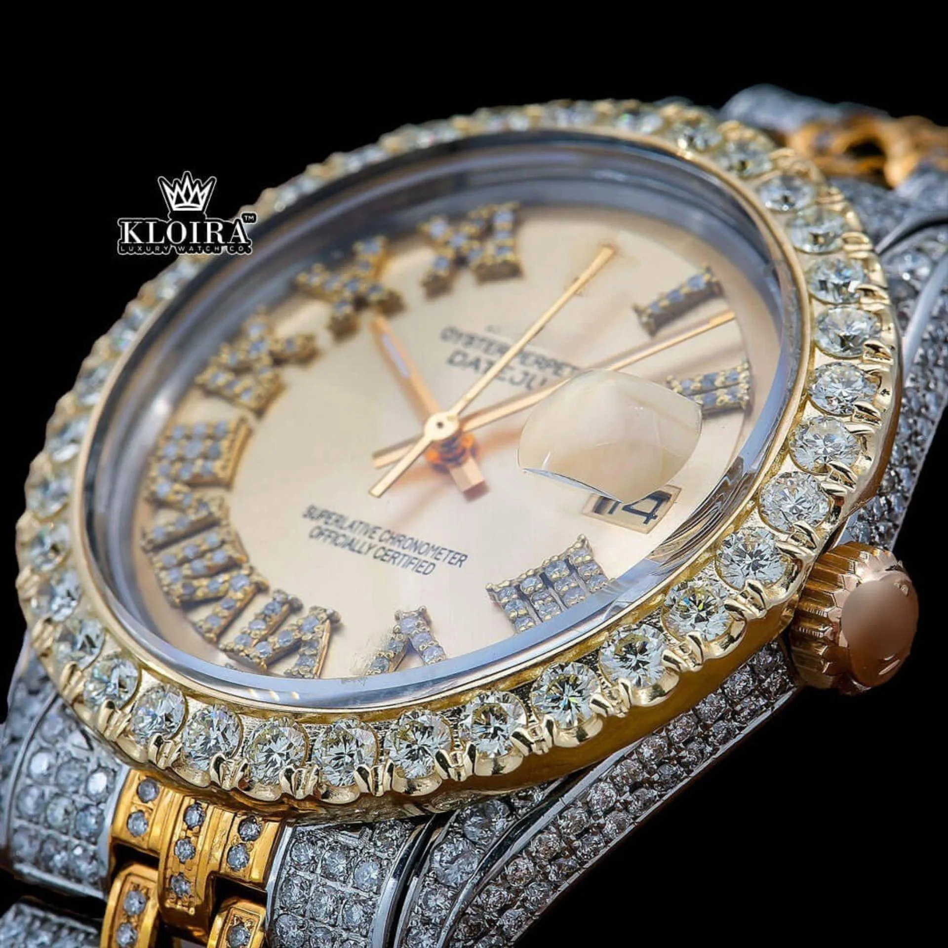 Two Tone Diamond Studded Roman Numerals Moissanite Diamond Watch Close Up Front View