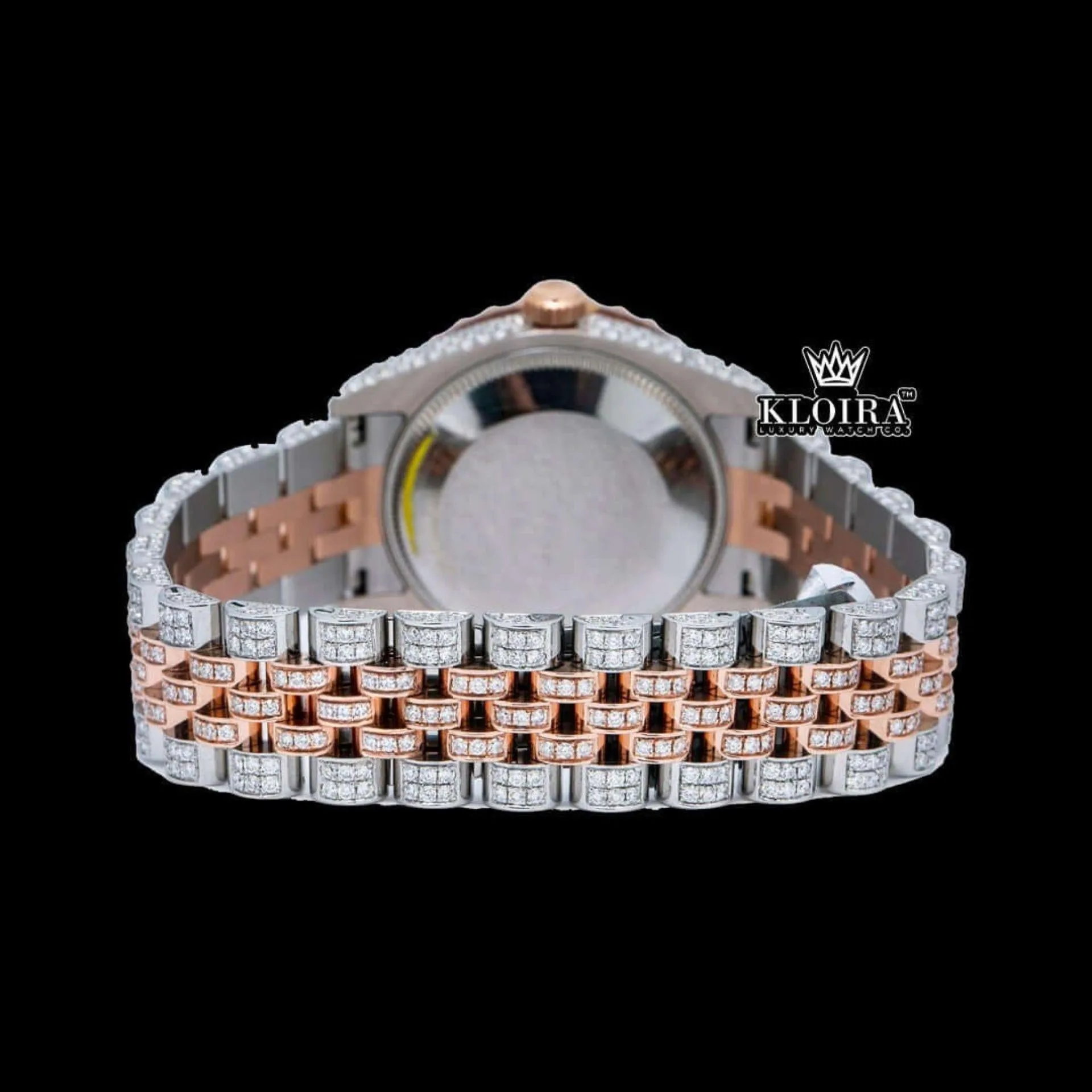 Two Tone Fully Iced Out White Roman Dial Moissanite Diamond Watch Caseback View
