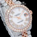 Two Tone Fully Iced Out White Roman Dial Moissanite Diamond Watch Close Up Dial View