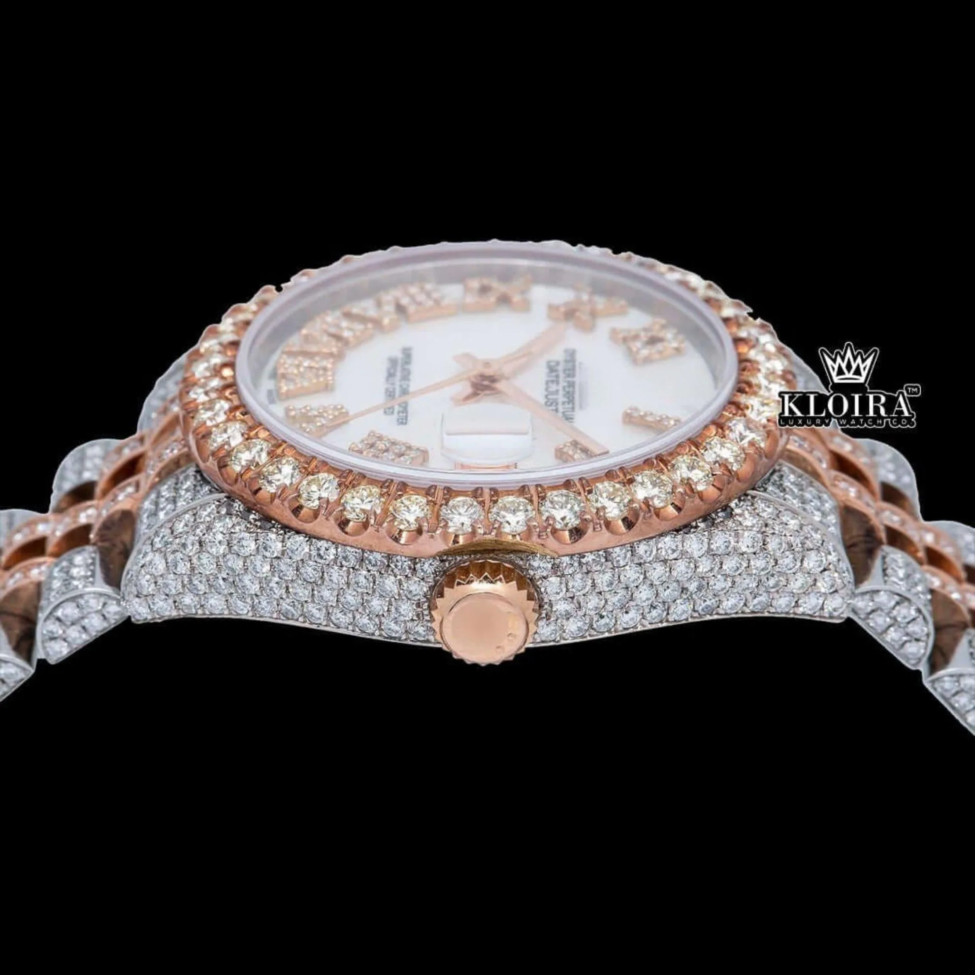 Two Tone Fully Iced Out White Roman Dial Moissanite Diamond Watch Crown View
