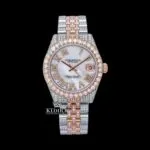 Roles Two Tone Fully Iced Out Moissanite Watch with White Roman Dial, showcasing brilliant stones and elegant design.