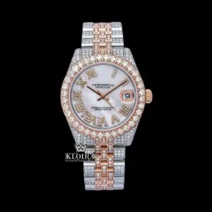 Roles Two Tone Fully Iced Out Moissanite Watch with White Roman Dial