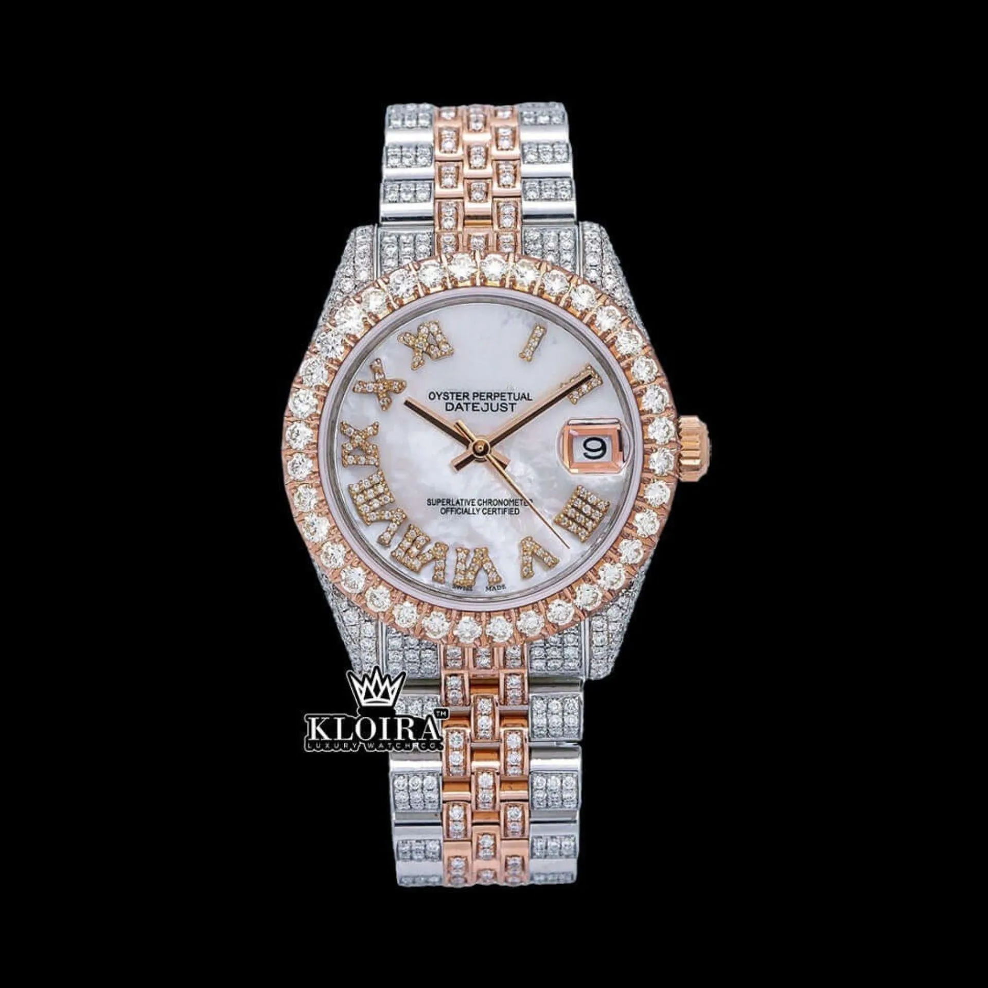 Roles Two Tone Fully Iced Out Moissanite Watch with White Roman Dial, showcasing brilliant stones and elegant design.