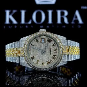 Roles Two Tone Fully Iced Out Yellow Roman Dial Moissanite Watch