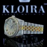 Two Tone Fully Iced Out Yellow Roman Dial Moissanite Watch Left Profile View