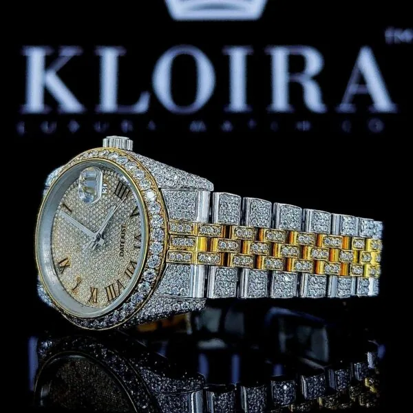 Two Tone Fully Iced Out Yellow Roman Dial Moissanite Watch Left Profile View