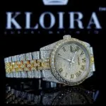 Two Tone Fully Iced Out Yellow Roman Dial Moissanite Watch Right Profile View