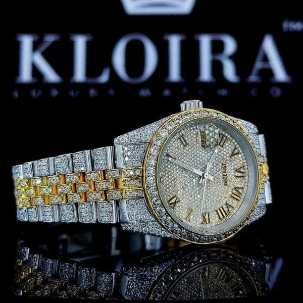 Two Tone Fully Iced Out Yellow Roman Dial Moissanite Watch Right Profile View
