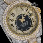 Two Tone Gold Dial Arabic Numerals Iced Out Moissanite Diamond Watch Close Up Dial View