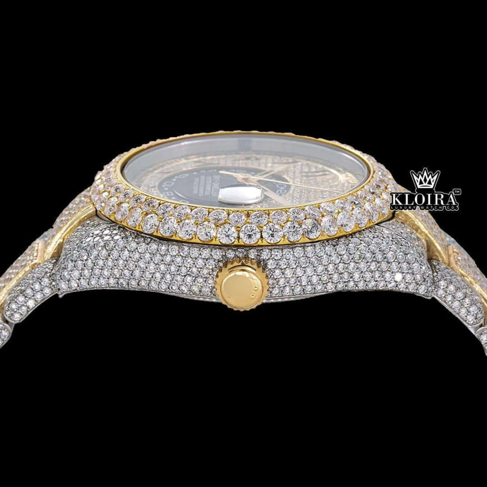 Two Tone Gold Dial Arabic Numerals Iced Out Moissanite Diamond Watch Crown View