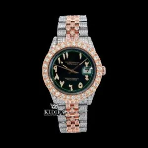 Roles Two Tone Iced Out Arabic Numerals Green Dial Moissanite Watch
