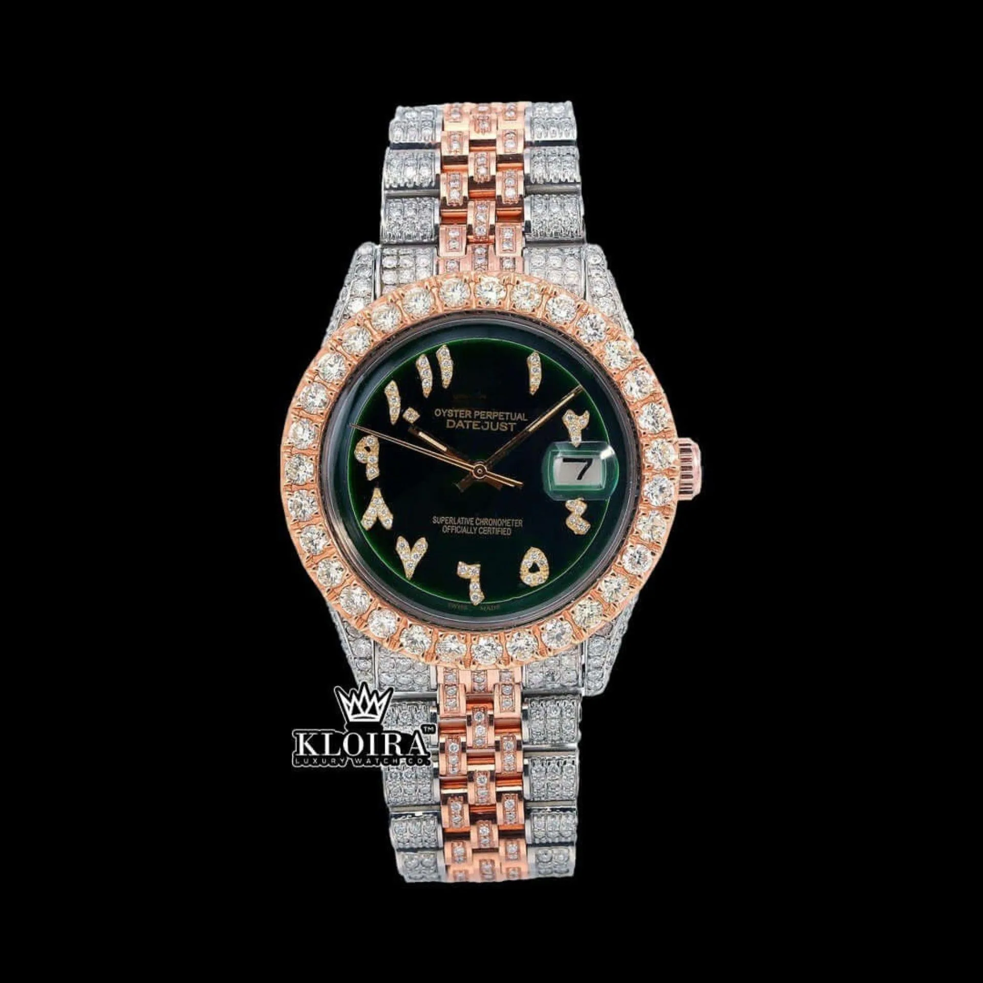Roles Two Tone Iced Out Arabic Numerals Green Dial Moissanite Watch with Diamond Bezel