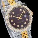 Two Tone Iced Out Brown Dial Diamond Markers Moissanite Watch Close Up Dial View