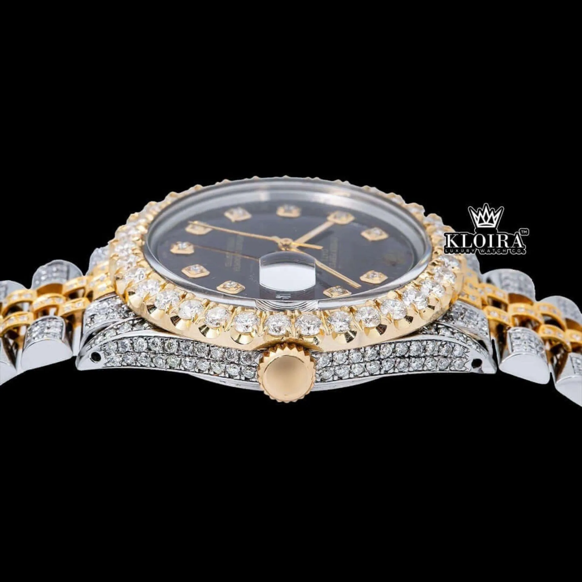 Two Tone Iced Out Brown Dial Diamond Markers Moissanite Watch Crown View