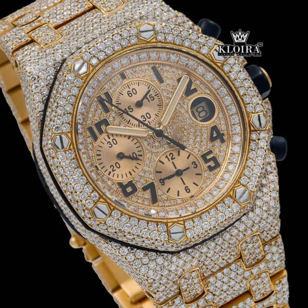 Two Tone Iced Out Chronograph Moissanite Diamond Watch Close Up Dial View