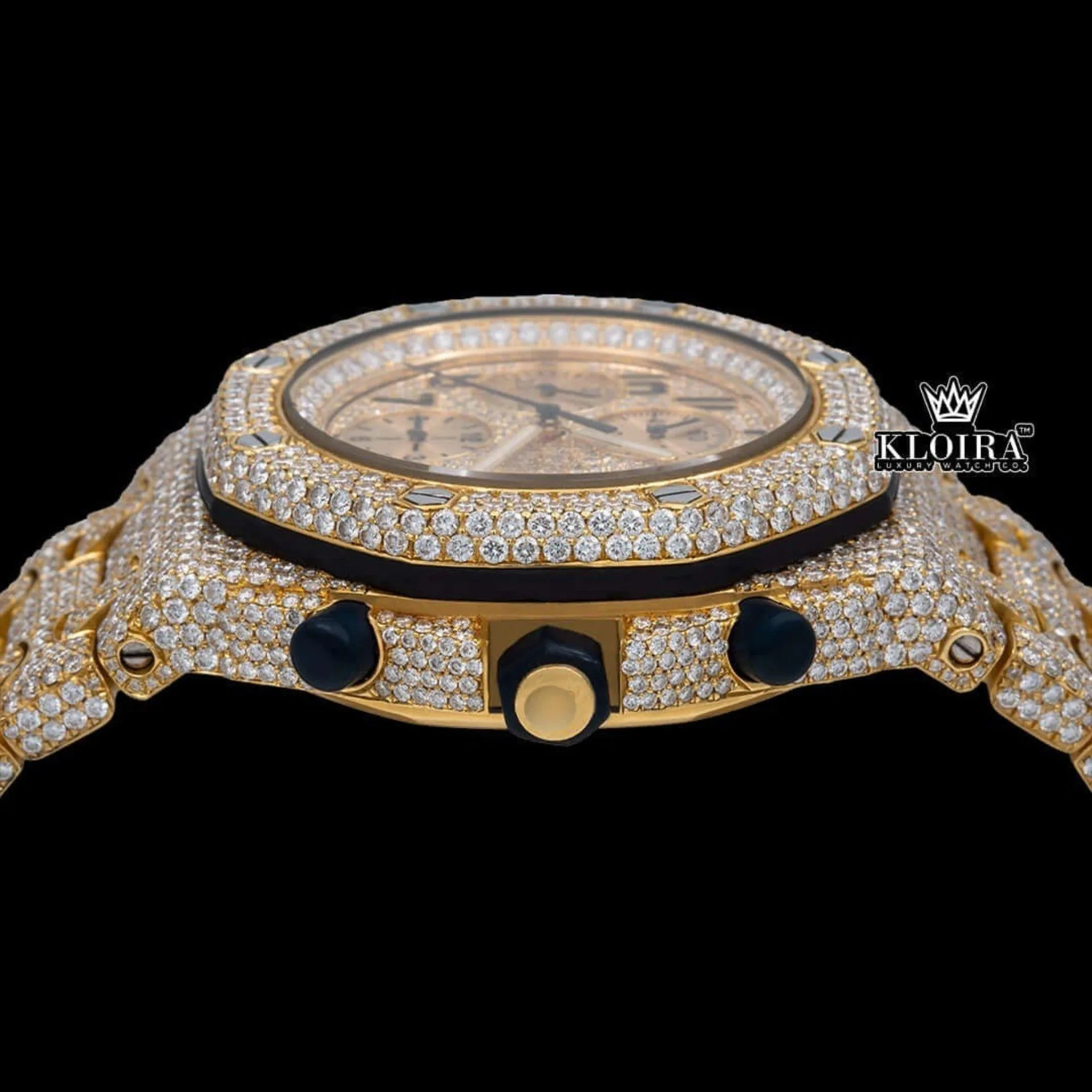 Two Tone Iced Out Chronograph Moissanite Diamond Watch Crown View