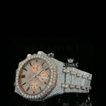 Two Tone Iced Out Chronograph Rose Dial Moissanite Diamond Watch Left Profile View