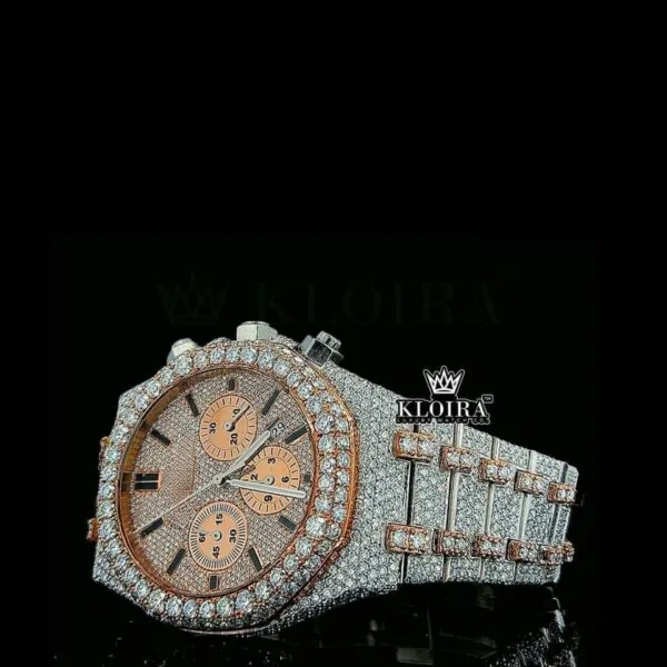 Two Tone Iced Out Chronograph Rose Dial Moissanite Diamond Watch Left Profile View