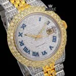 Two Tone Iced Out Dial Blue Roman Numerals Moissanite Diamond Watch Close Up Dial View