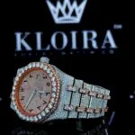 Two Tone Iced Out Rose Gold Dial Arabic Numerals AP Moissanite Watch Close Up Dial View