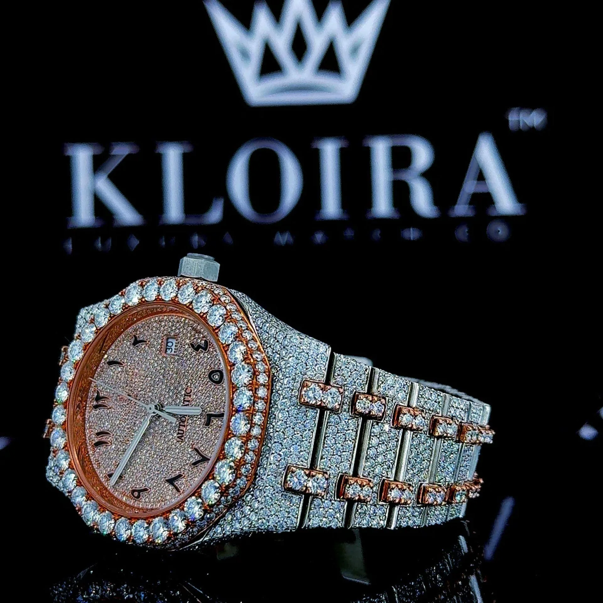 Two Tone Iced Out Rose Gold Dial Arabic Numerals AP Moissanite Watch Close Up Dial View