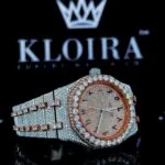 Two Tone Iced Out Rose Gold Dial Arabic Numerals AP Moissanite Watch Right Profile View
