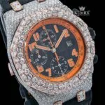 Two Tone Orange Dial Leather Strap Moissanite Diamond Watch Close Up Dial View