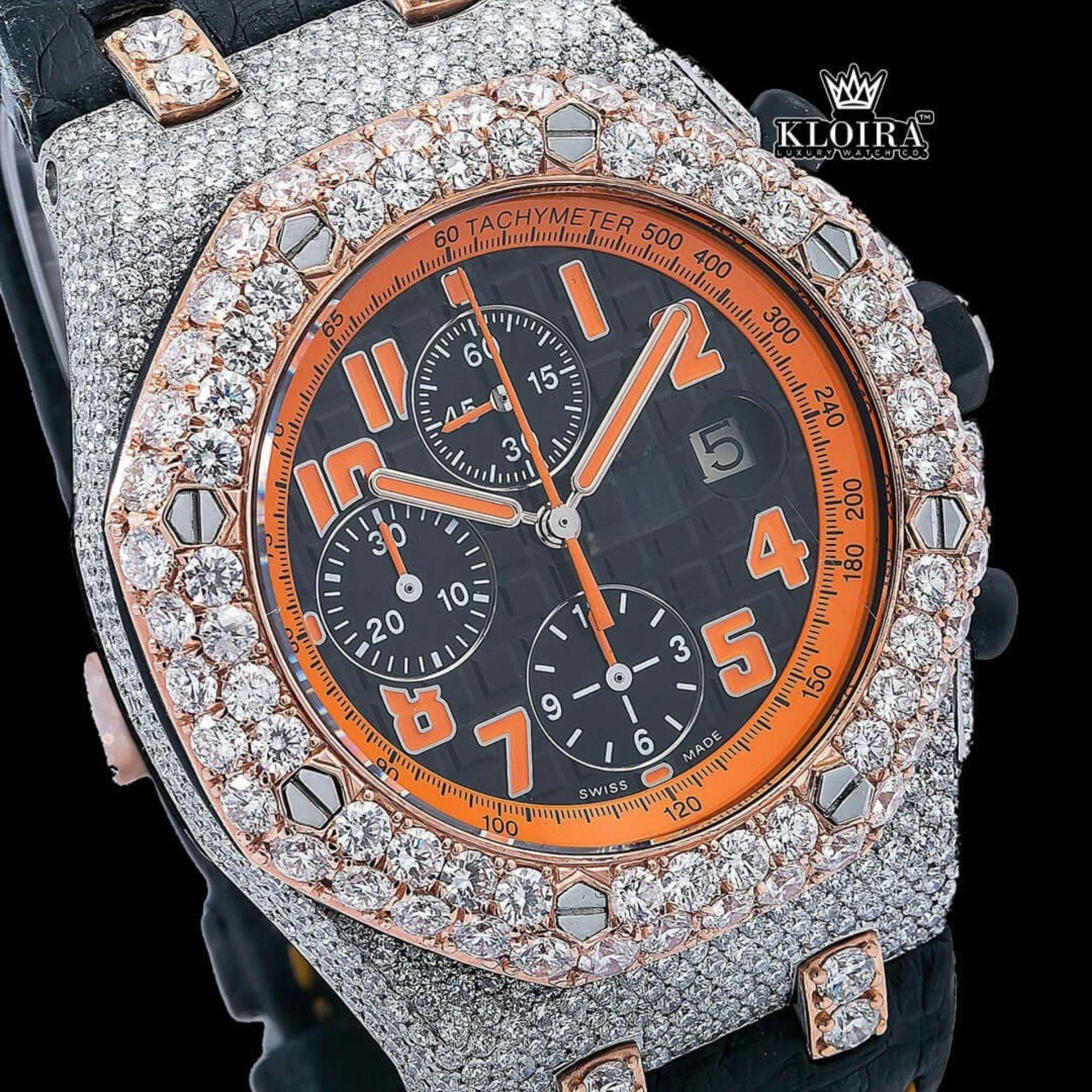Two Tone Orange Dial Leather Strap Moissanite Diamond Watch Close Up Dial View