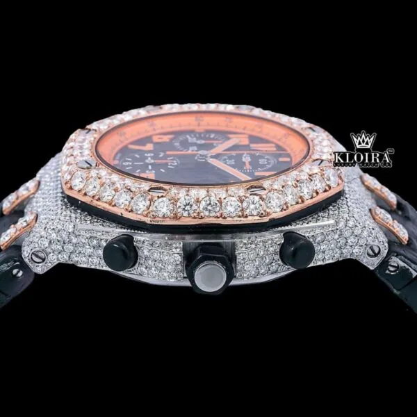 Two Tone Orange Dial Leather Strap Moissanite Diamond Watch Crown View