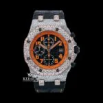 AP Royal Oak Offshore Two Tone Orange Dial Moissanite Watch with Black Leather Strap