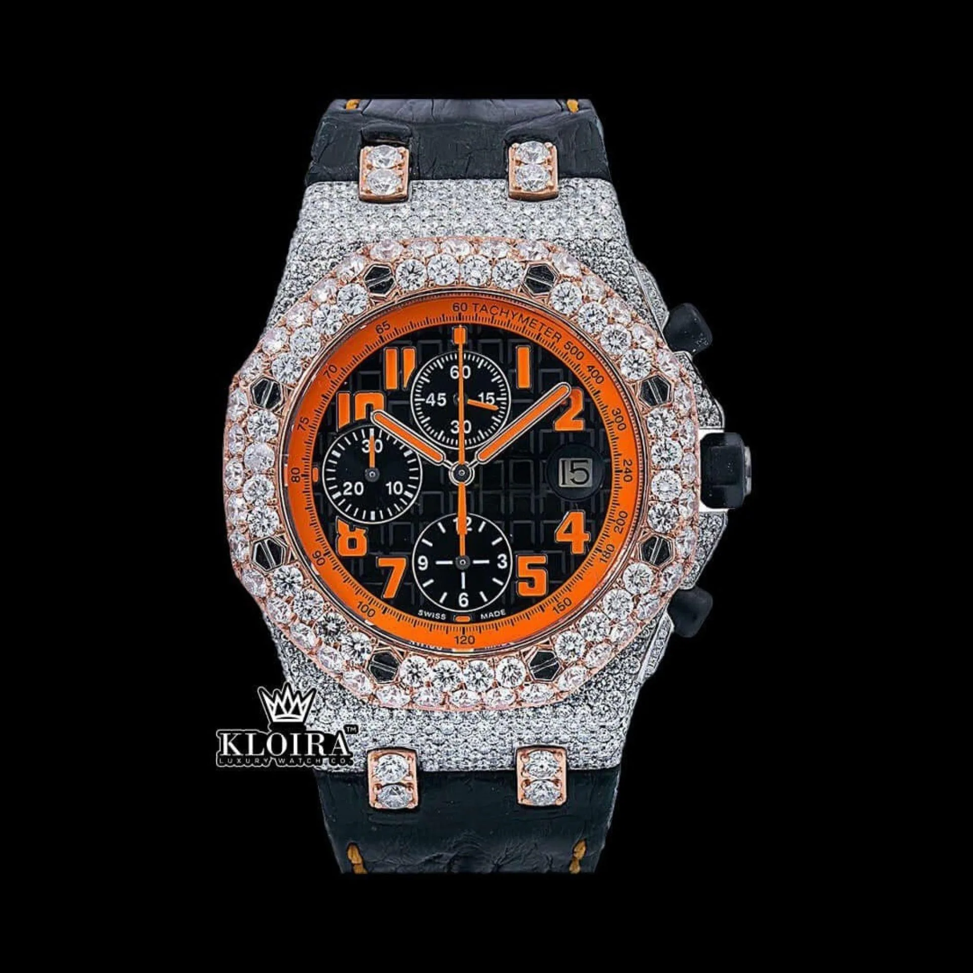 AP Royal Oak Offshore Two Tone Orange Dial Moissanite Watch with Black Leather Strap