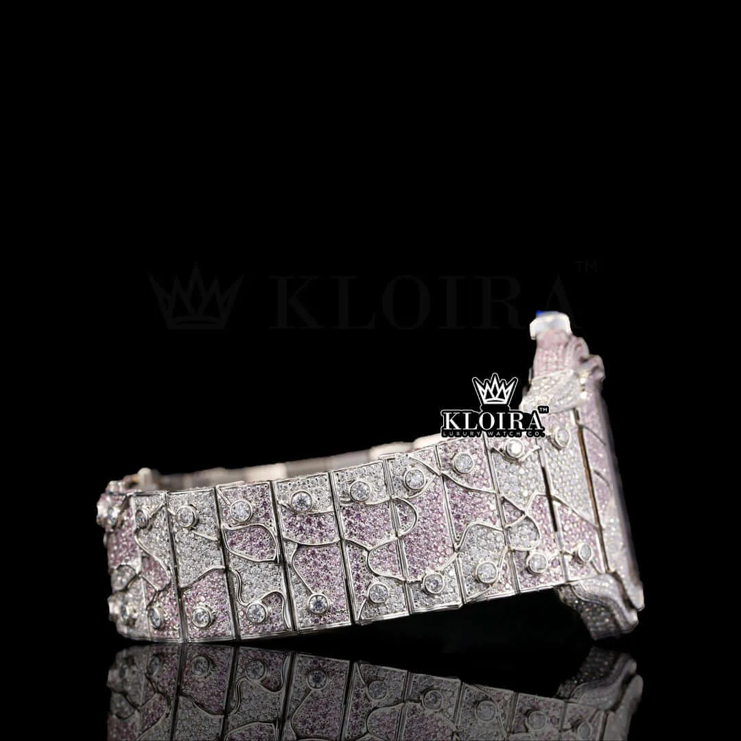 Two Tone Pink Skeleton Dial Fully Iced Moissanite Diamond Watch Right Side View