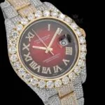 Two Tone Red Dial Roman Numerals Fully Iced Out Moissanite Diamond Watch Close Up Dial View