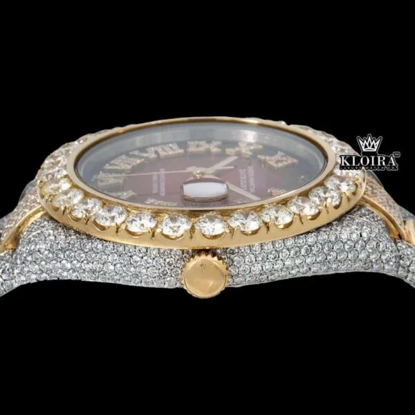 Two Tone Red Dial Roman Numerals Fully Iced Out Moissanite Diamond Watch Crown View