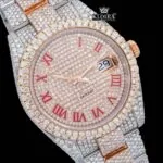Two Tone Red Roman Numerals Dial Three Link Diamond Strap Moissanite Watch Close Up Dial View