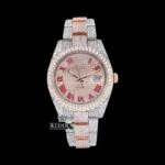 Roles Moissanite Watch with Two Tone Red Roman Numerals Dial