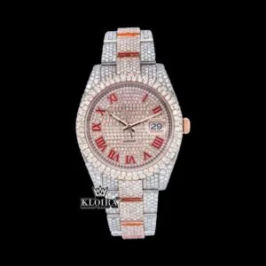 Roles Moissanite Watch with Two Tone Red Roman Numerals Dial