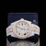 Two Tone Roman Dial Diamond Bezel Fully Iced Out Moissanite Watch Close Up Front View