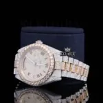 Two Tone Roman Dial Diamond Bezel Fully Iced Out Moissanite Watch Left Profile View