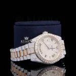 Two Tone Roman Dial Diamond Bezel Fully Iced Out Moissanite Watch Right Profile View