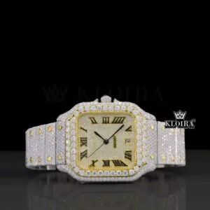 Cartior Two Tone Roman Numerals Yellow Dial Moissanite Watch