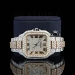 Two Tone Roman Numerals Yellow White Dial Moissanite Diamond Watch Close Up Dial View