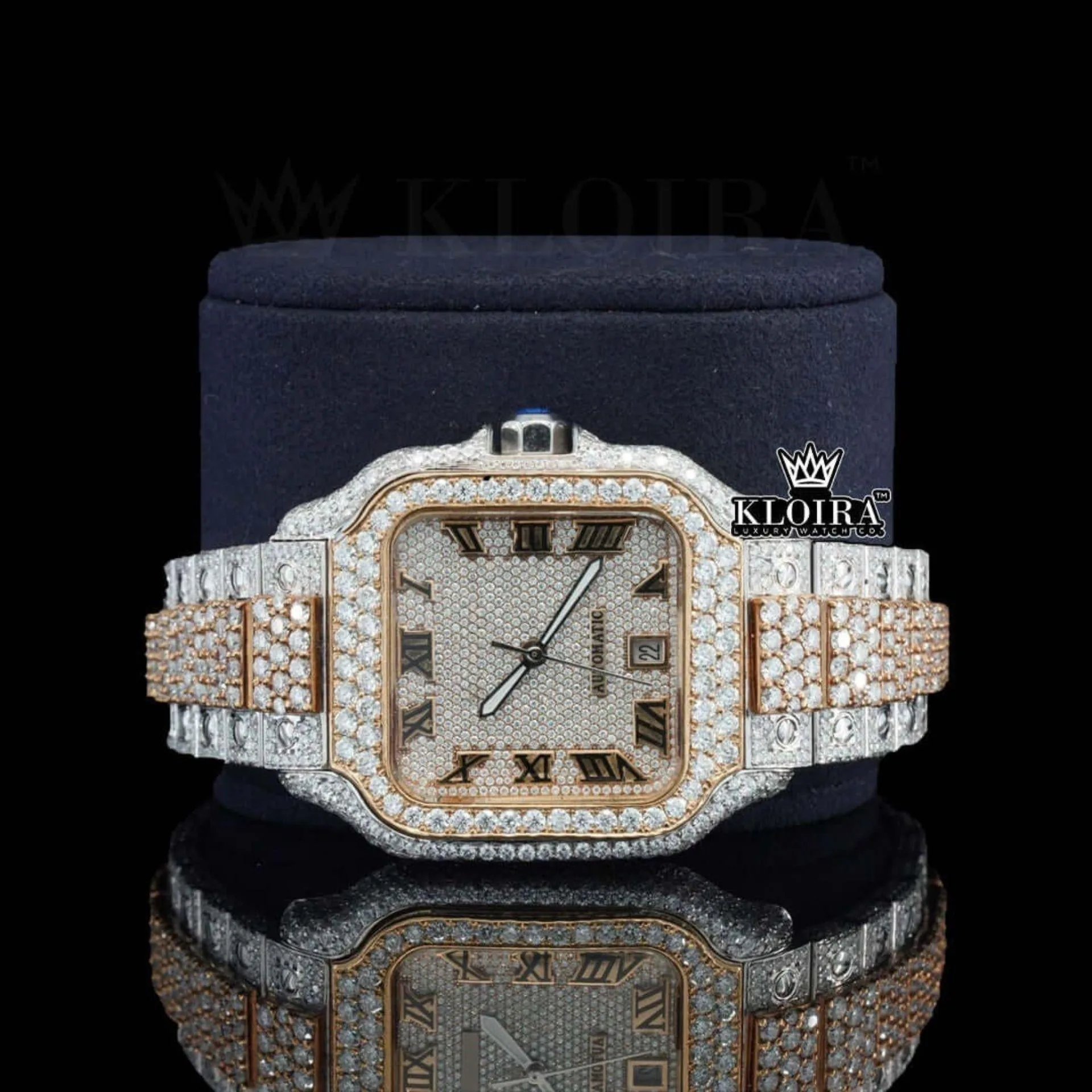 Two Tone Roman Numerals Yellow White Dial Moissanite Diamond Watch Close Up Dial View